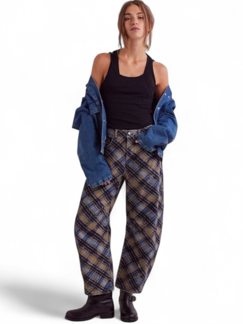 Free People Good Luck Printed Barrel Jeans Plaid Blue 27 Short Sold Out
